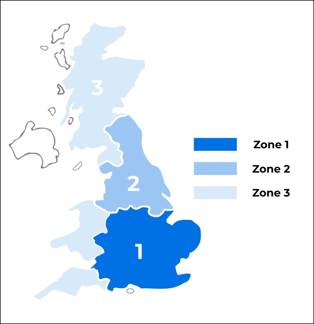 Map of the United Kingdom showing delivery zones